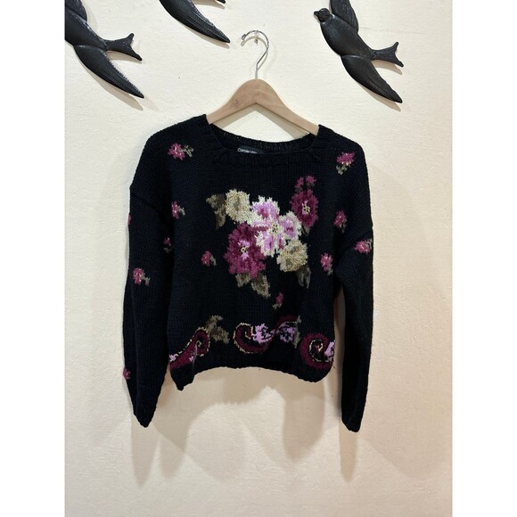 Vintage Carole Little Hand Knit for Saint Tropez West Wool Floral Sweater - M - Picture 5 of 8